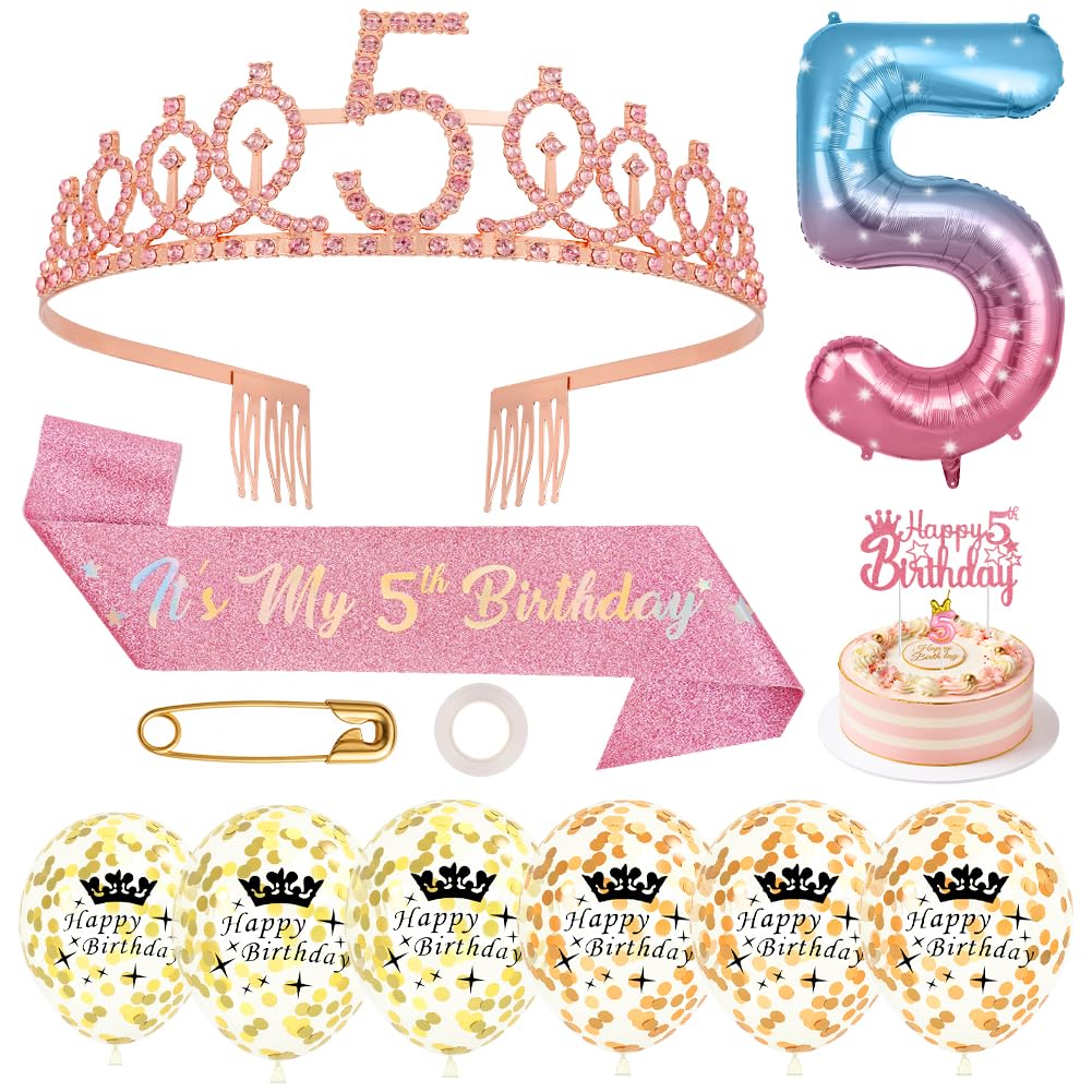 AYBUY Birthday Decorations, 5th Birthday Sash and Tiara Set with Candles, Cake Topper, Number 5 Balloon and Happy Birthdays Balloons, Rhinestone Crown Headband Set for 5th Birthdays Gifts