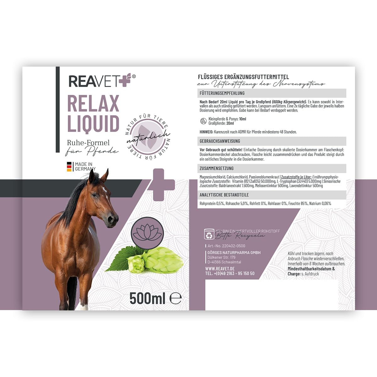 ReaVET Relax Liquide pour Chevaux 500ml - Cheval sédatif, Chevaux stressés et anxieux, apaisement nerveux du Cheval, Calme et sérénité