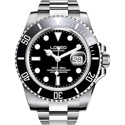 LOREO Mens Silver Stainless Steel Sapphire Glass Black Rotating Bezel Men's Automatic Watch