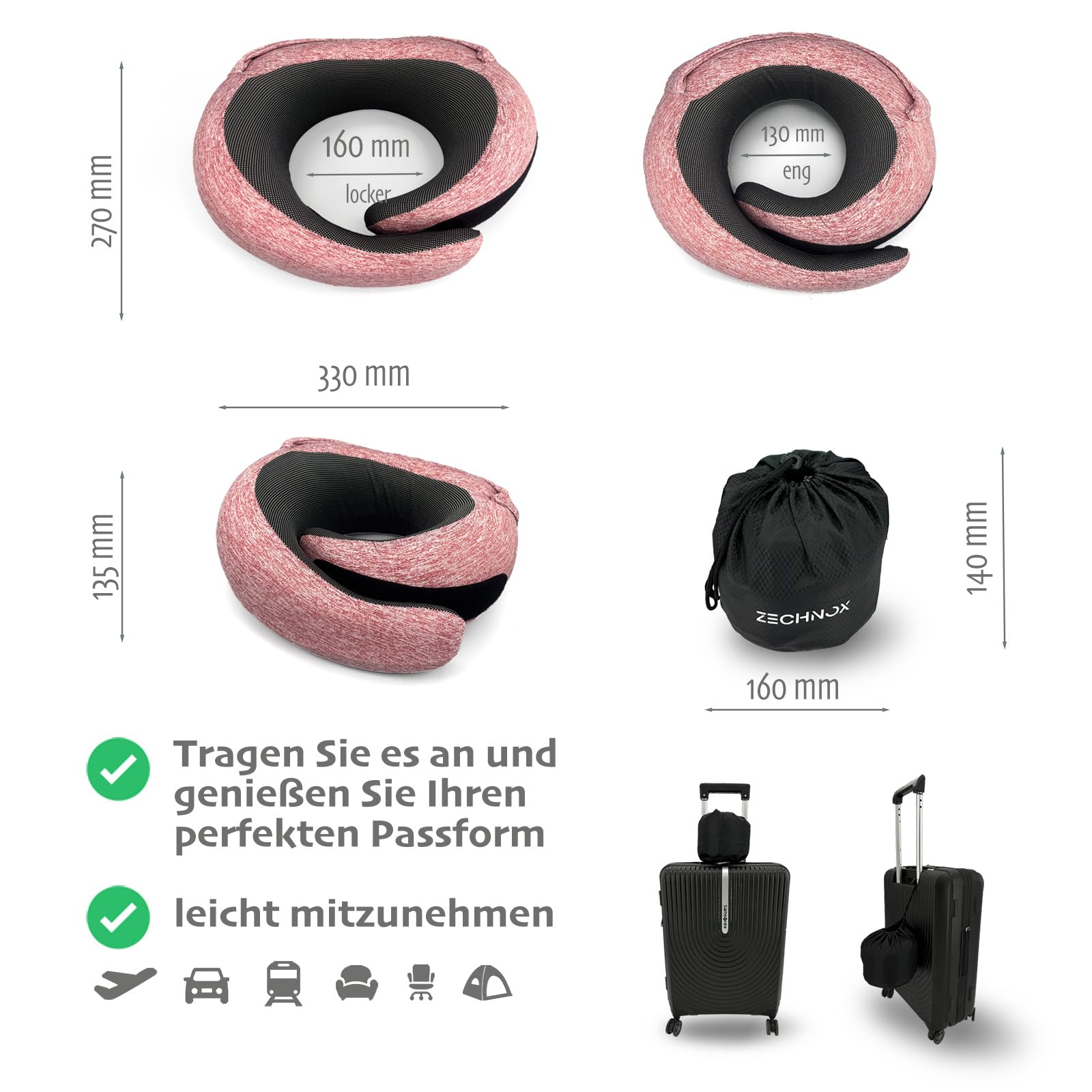 Almohada cervical de viaje ergonómica con capucha plegable, almohada cervical, espuma viscoelástica premium, diseño contorneado 360º, funda lavable, juego completo de viaje, para avión (rojo