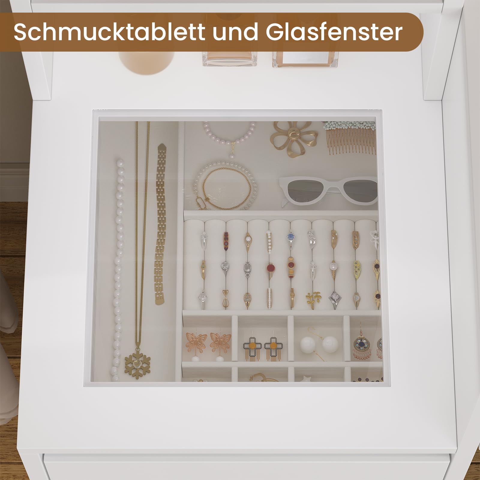 Schminktisch mit Beleuchtung, 3 Lichtfarben, Einstellbare Helligkeit, Kosmetiktisch mit Steckdosen, Frisiertisch mit 7 Schubladen, 8 offene Fächer, Schminktisch mit Spiegel, Verstellbare Ablagen, Weiß