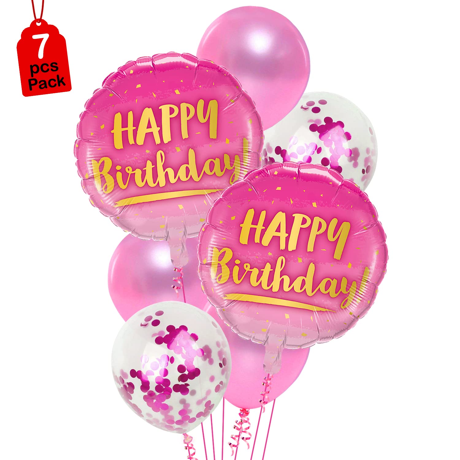 7Pcs Happy Birthday Balloon Set – Pink Happy Birthday Foil Balloons, Latex Balloons, and Confetti Balloons- Birthday Party Decoration for Boys & Girls