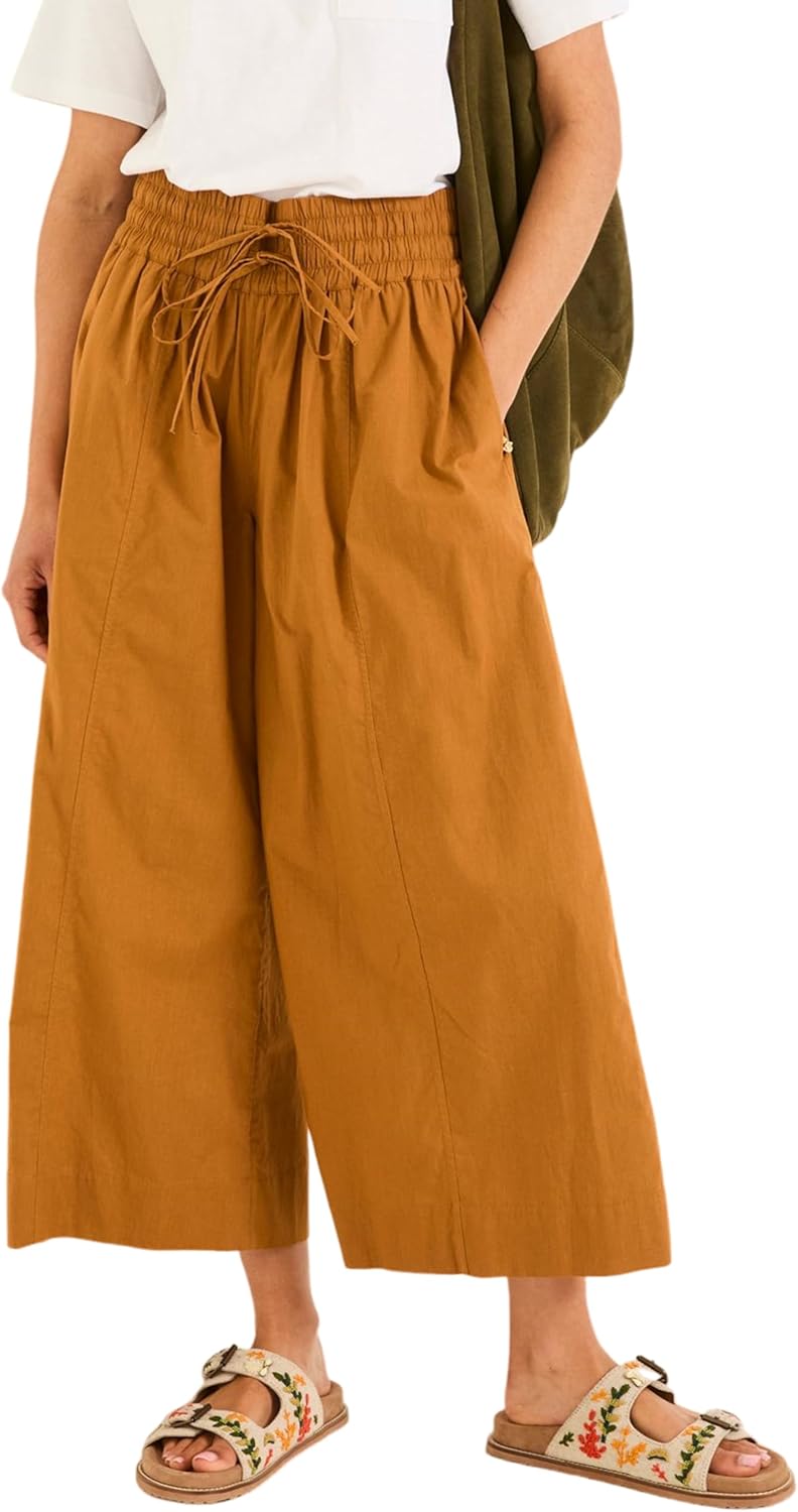 Yeokou Women Casual Wide Leg Pants Summer Cotton High Rise Elastic Waist Cropped Capris Trousers with Pockets(Brown-Large)