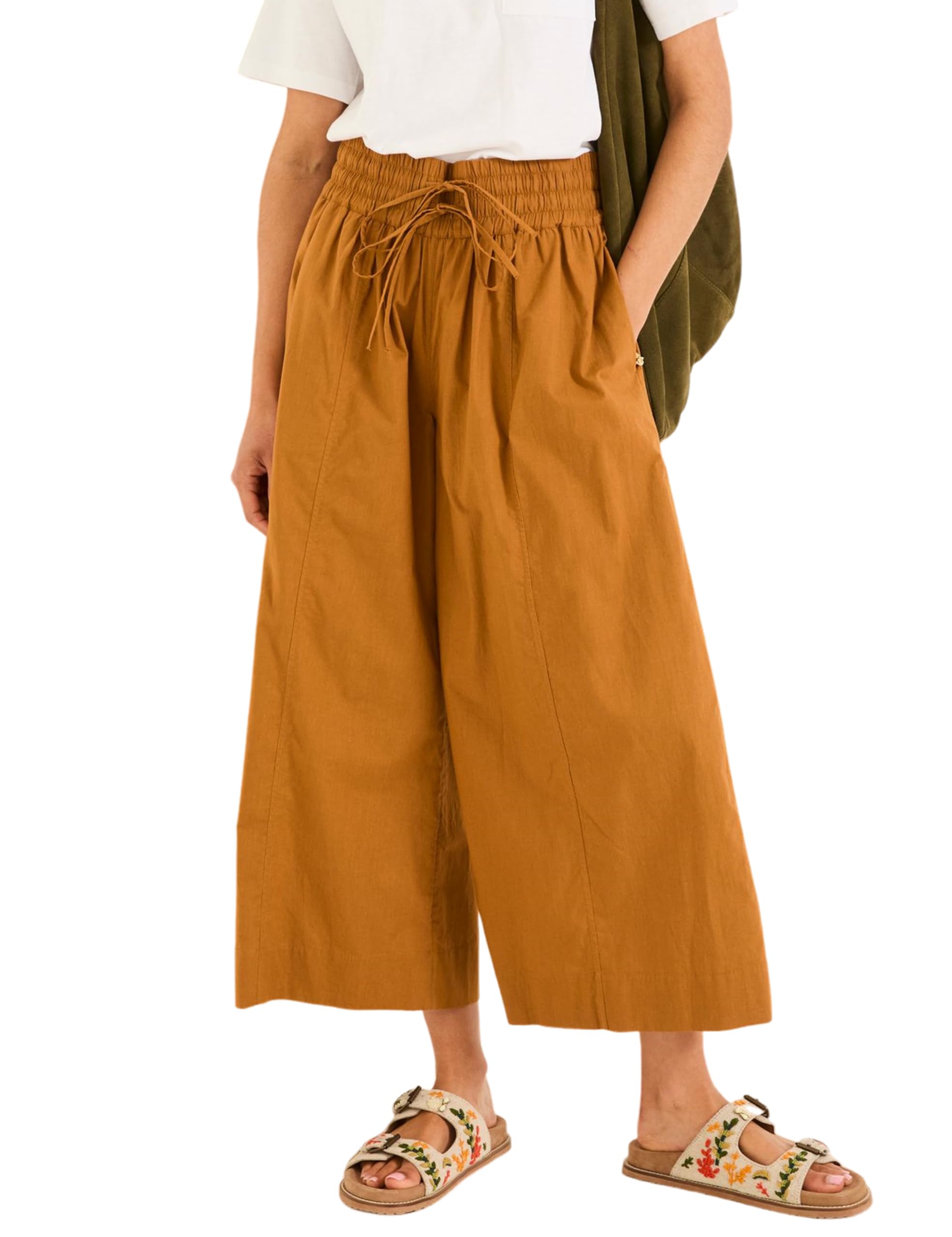 Yeokou Women Casual Wide Leg Pants Summer Cotton High Rise Elastic Waist Cropped Capris Trousers with Pockets