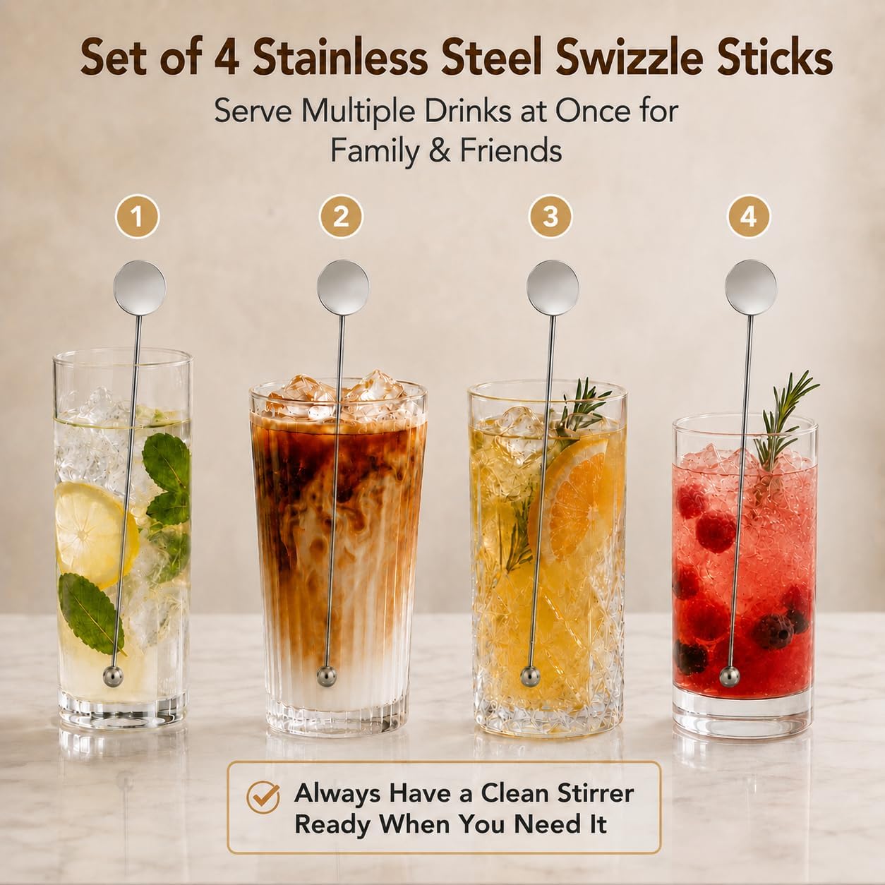 Cocktail Stirrers 8.66" - Silver Steel Swizzle Sticks, 4 Pack