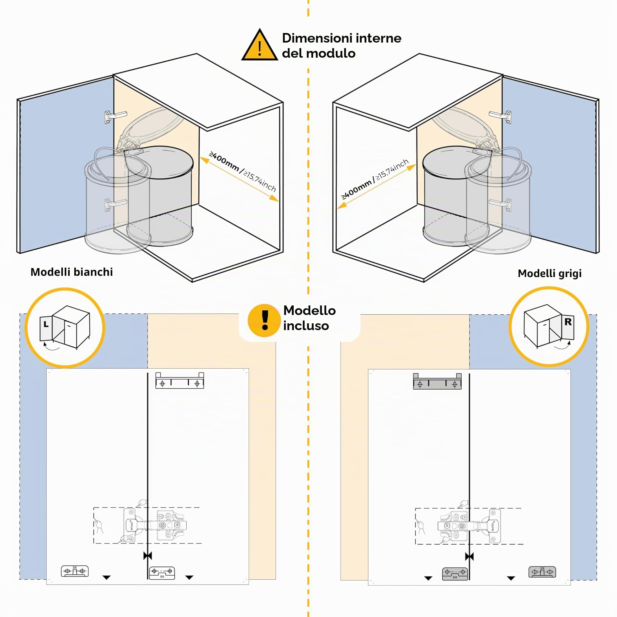 Emuca - Pattumiera per Porta di Mobile, Contenitore di Riciclaggio, Contenitore di 13 L con Coperchio di Apertura Automatica e fissagio a l'anta, Plastica, Grigia.