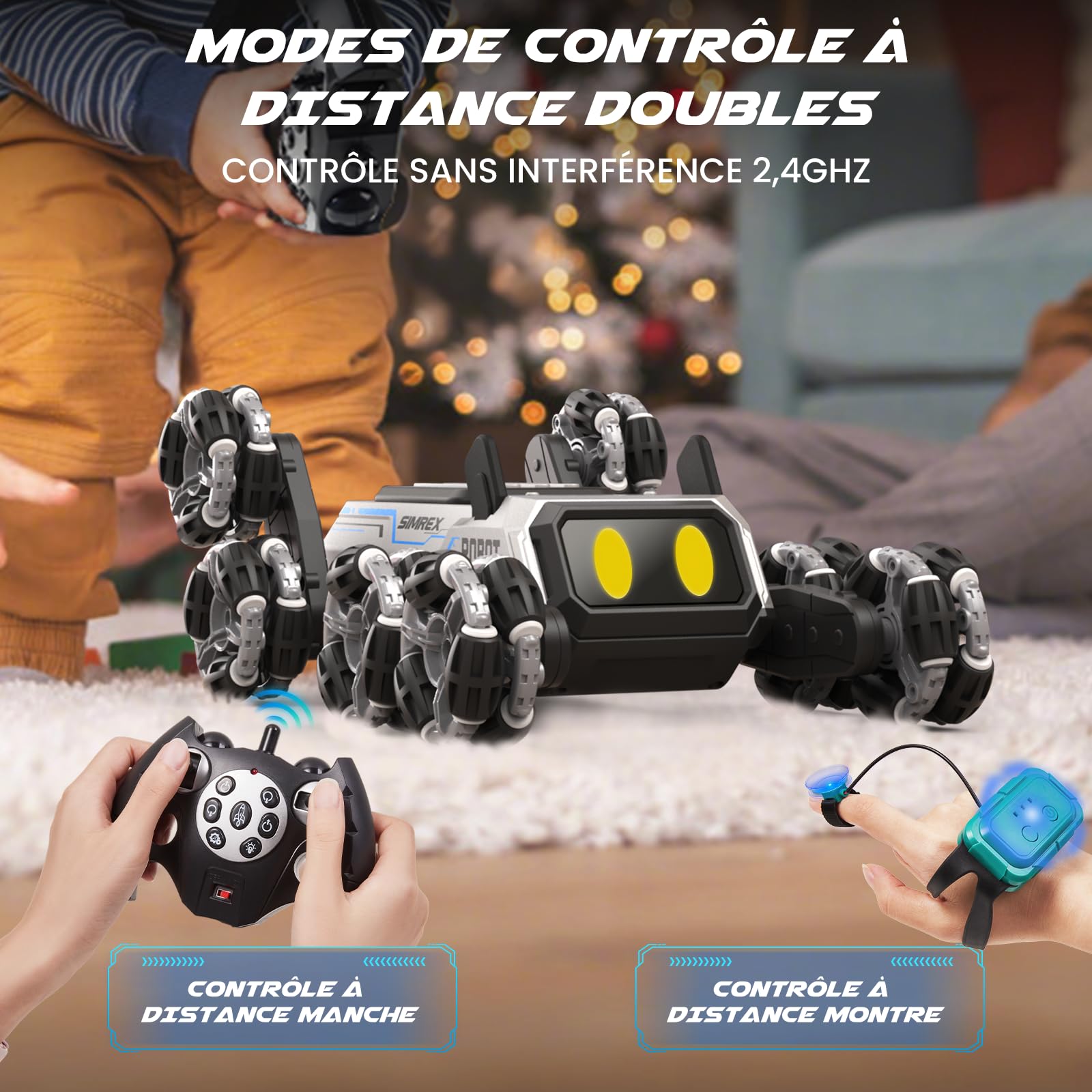 SIMREX Chien Robot télécommandé 6+ Ans, Voiture RC cascadeuse à Yeux LED et Commande gestuelle. Cadeau Anniversaire Filles/garçons. Robot interactif à Roues Mecanum et 3 Sons, argenté