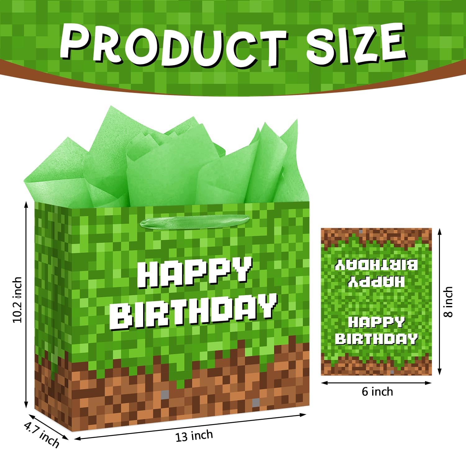 13" Large Green and Brown Pixel Birthday Gift Bag with Tissue Paper and Greeting Card Pixel Miner Theme Party Favor Bags Video Game Party for Boys Girls Kids Teenagers Birthday Decor