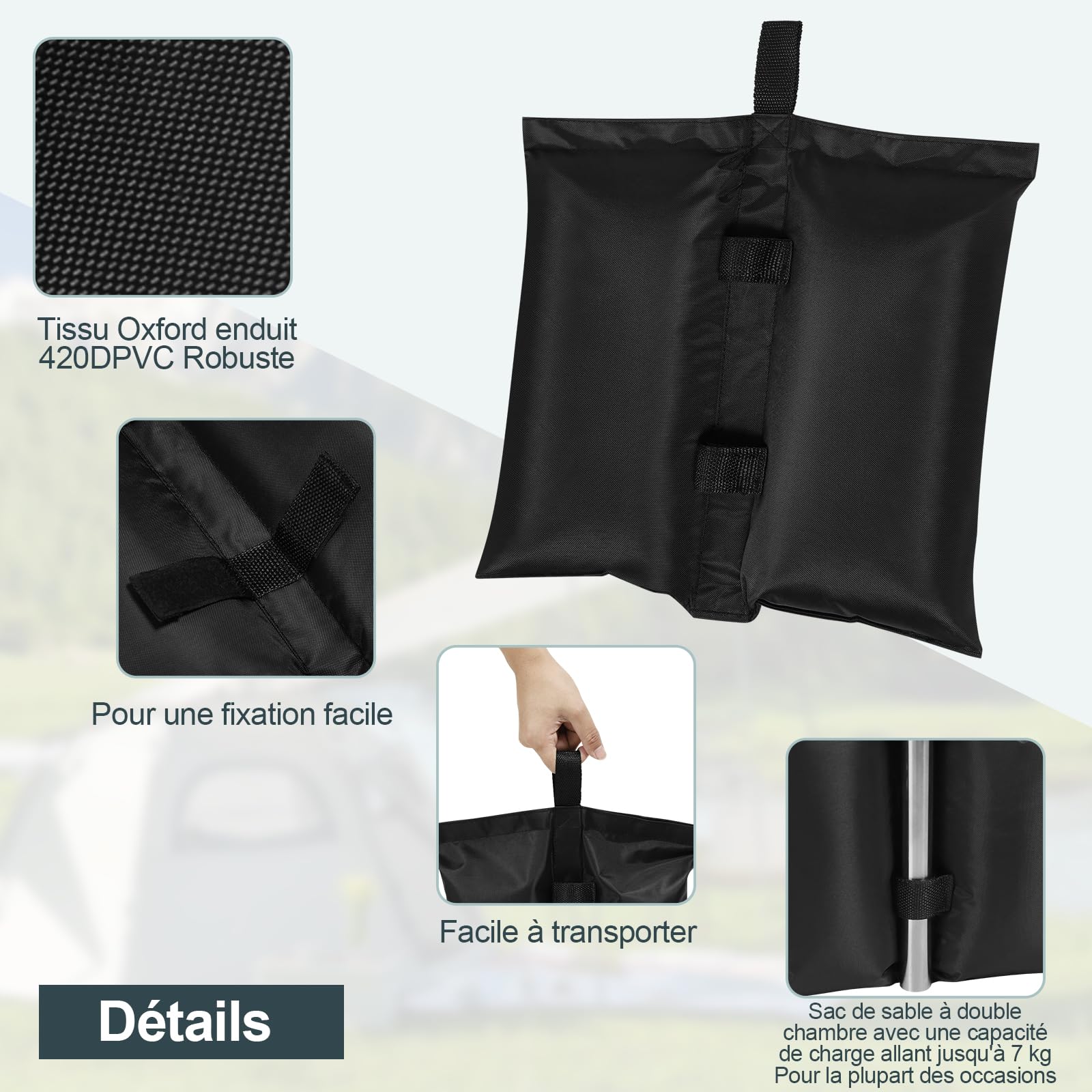 WOLTU Sacs de Sable Lot de 4, Sacs de Poids pour Tonnelle, pour Tente, Parasol, Charge Maximale 7 kg, Noir
