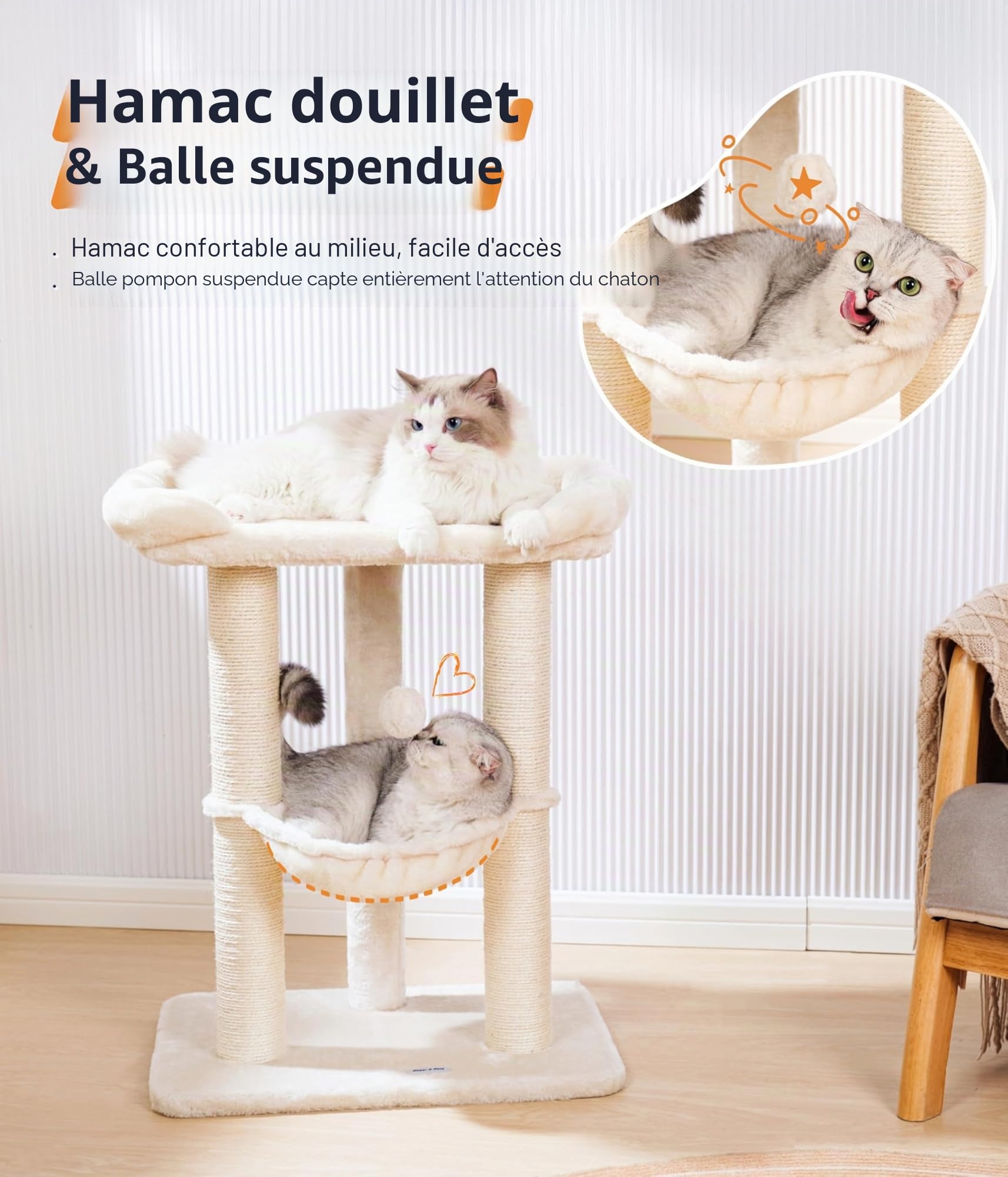 Happi N Pets Arbre à Chat Tour de 71 cm, Grand griffoir avec Grand lit pour Grands félins, griffoir en sisal avec perchoir Moelleux et hamac, Support Stable pour Chat, Housse Amovible, Beige