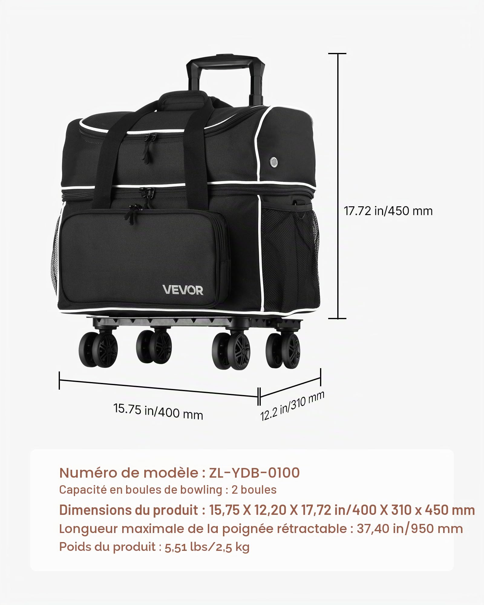 VEVOR Sac de Bowling à roulettes, Valise de Transport pour 2 Boules, avec Compartiment pour Chaussures, Poche pour Accessoires Surdimensionnée et Poignée Rétractable Extensible, Noir et Blanc