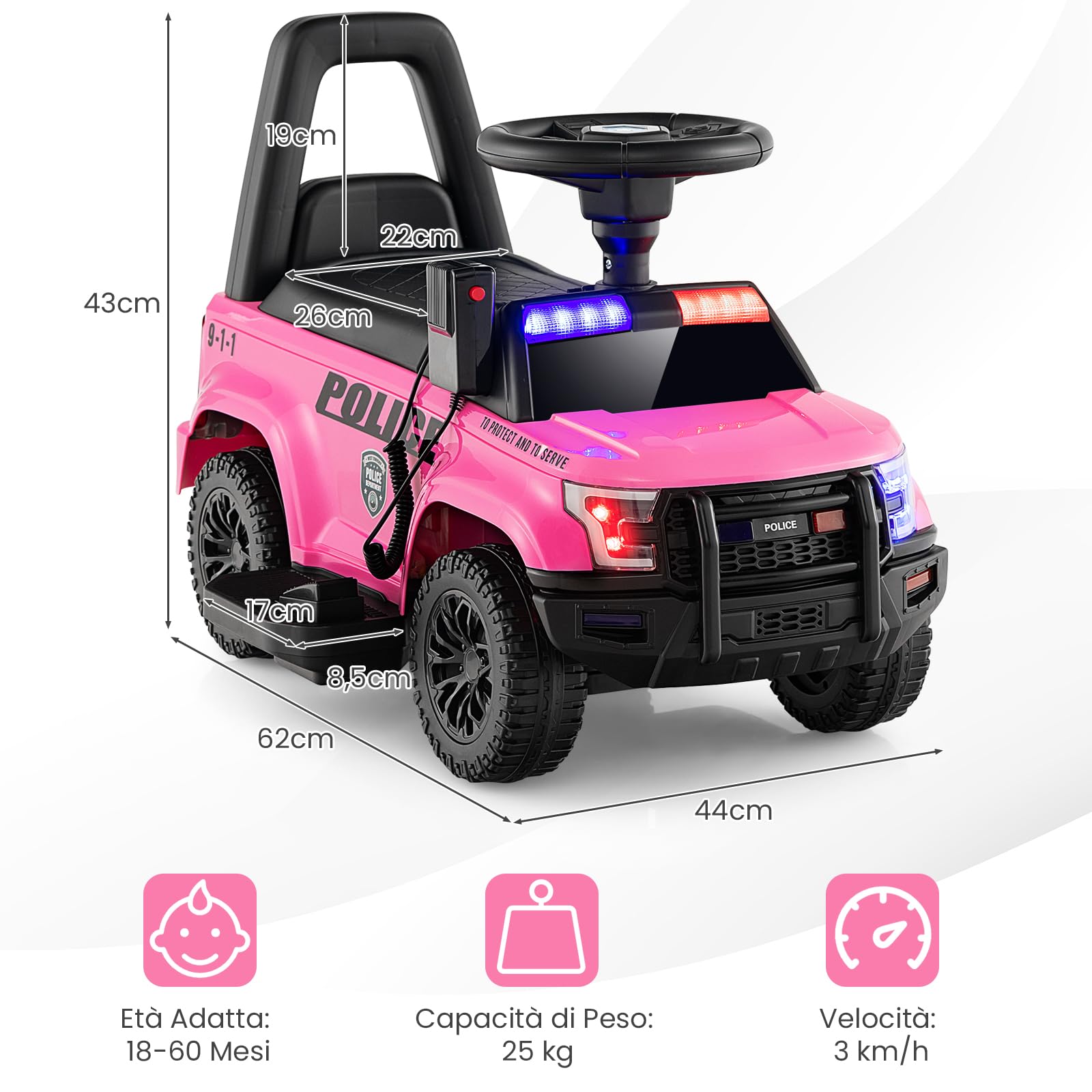 GYMAX Macchina della Polizia Alimentata a Batteria 6V con Megafono Sirene e Luci, Cavalcabile con Musica per Bambini e Bambine 18-60 Mesi (Rosa)