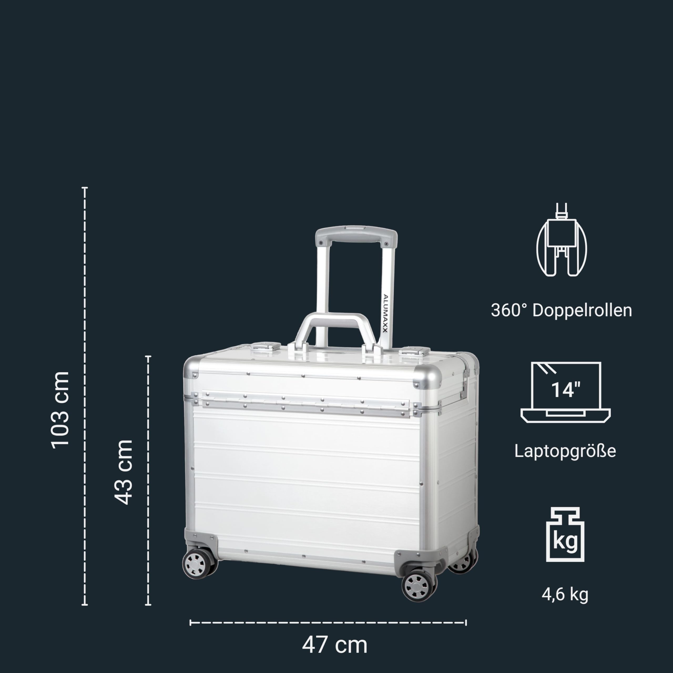 Alumaxx Pilotenkoffer Pandora aus Aluminium, Circa 36 x 47 x 25 cm, Vier 360 Rollen, 47 cm, 36 L, Silber Matt