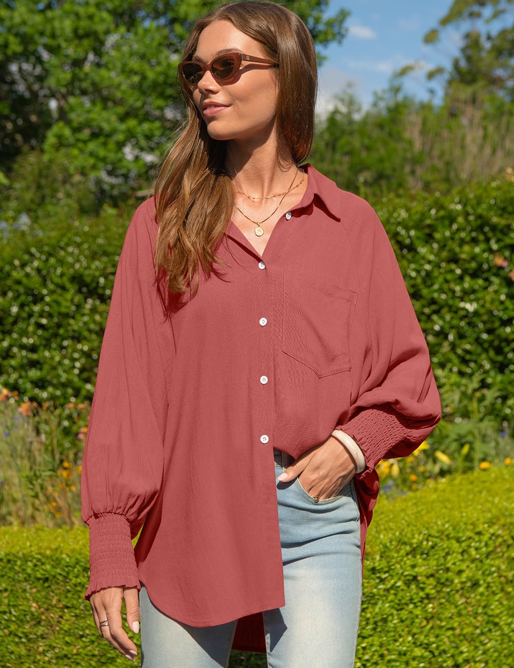 TARSE Women Linen Shirt Smocked Cuffed Casual Collar Long Sleeve Oversized Button Down Blouse Tops Boyfriend Shirt - Image 3