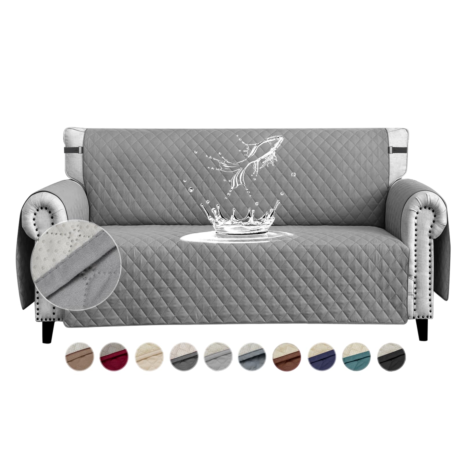 FIGOOO Funda de Sofá Impermeable 3 Plazas Antideslizante con Correas Elásticas Protector para Sofá Acolchado Reversible para Mascotas Perros Gatos,Gris Pálido
