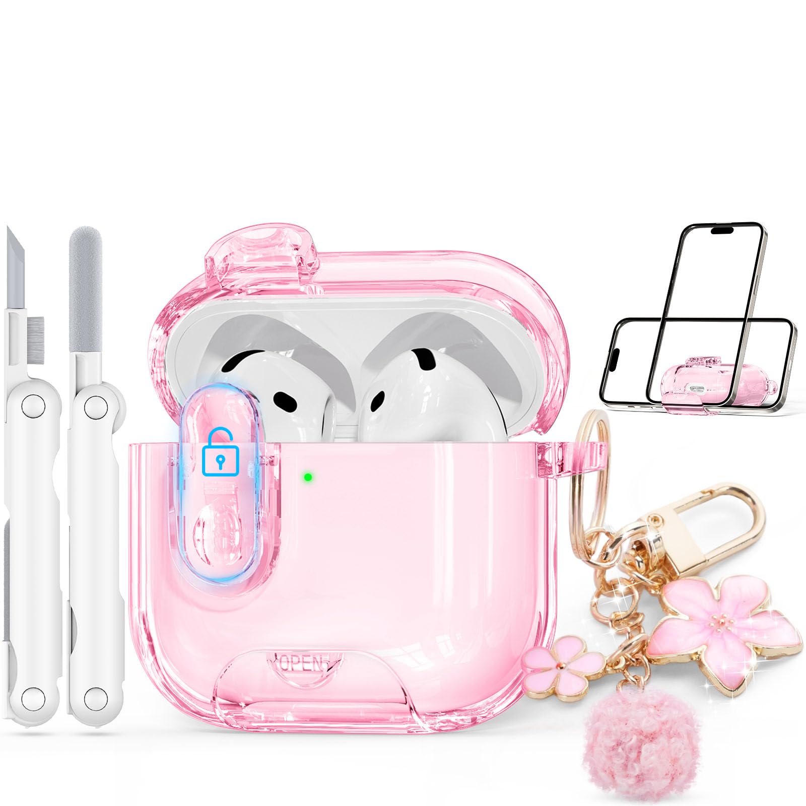 Skyconser with Safety Lock for Apple AirPods 4 Case 2024,Clear Cases with Phone Stand & Cleaning Kit,Soft TPU Cover for AirPods 4th Generation Case,