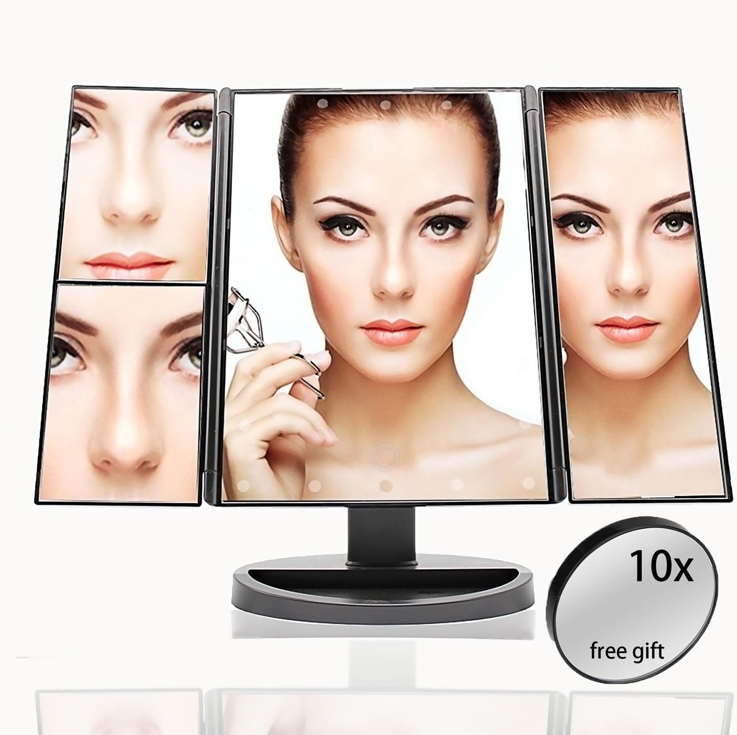 Samways Trifold Makeup Vanity Mirror 22 LED Lights 1x/2x/3x/FREE 10x Magnifying Illuminating Dimmable Daylight Folding Stand Mirrors Touch Control Adjustable Best Women Cosmetic Make-up Shaving Black