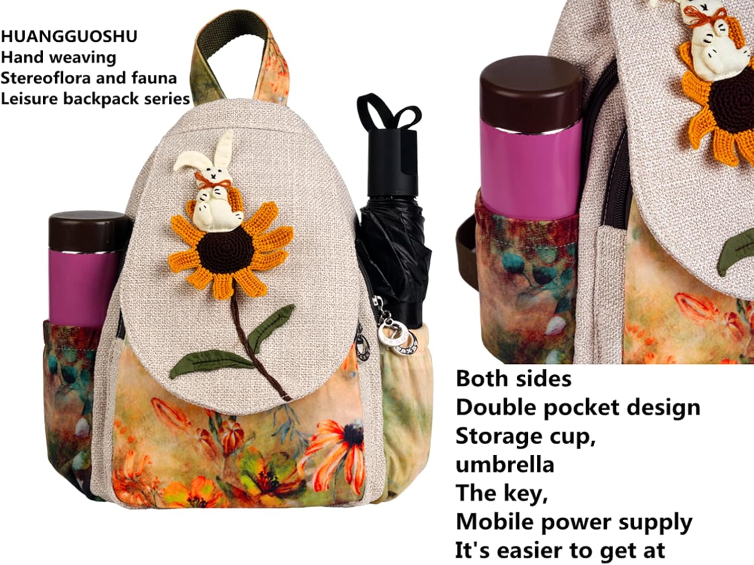 HUANGGUOSHU Boho and Bohemian Small Canvas Backpack Purse for Women - Adjustable Carry Sling Bag, Embroidered and Woven Tapestry Patterns Whimsical Rabbit Design Sunflower - Image 4