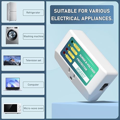 Miniatura 6 de BSEED Protector de sobretensiones de salida única para refrigerador, protector de voltaje con indicadores de luz para TV, PC, lavadora y otros