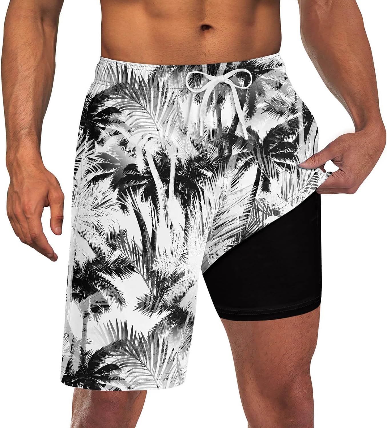 GoodstoworldMen's Funny Swim Trunks with Compression Liner 2 in 1 Quick-Dry 9" Stretch Shorts with Three Pockets