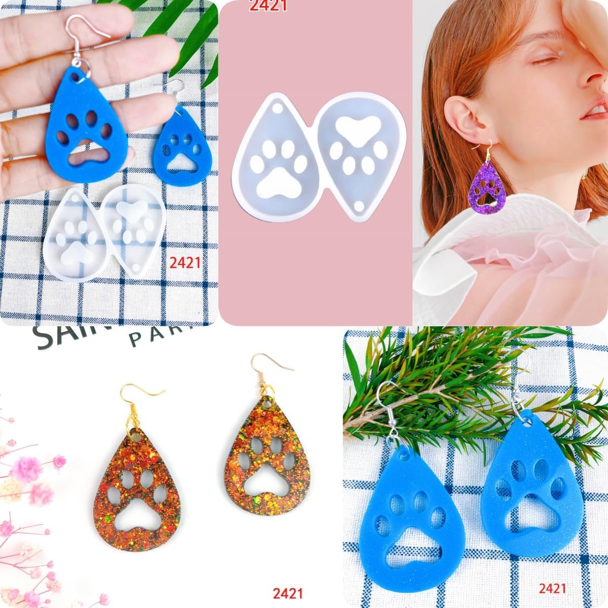 10 Piece Set of epoxy Silicone molds for Dog paw Earrings, Handmade Necklaces, Pendants, Keychains, Silicone molds for Resin, handcrafts Resin Casting Moulds