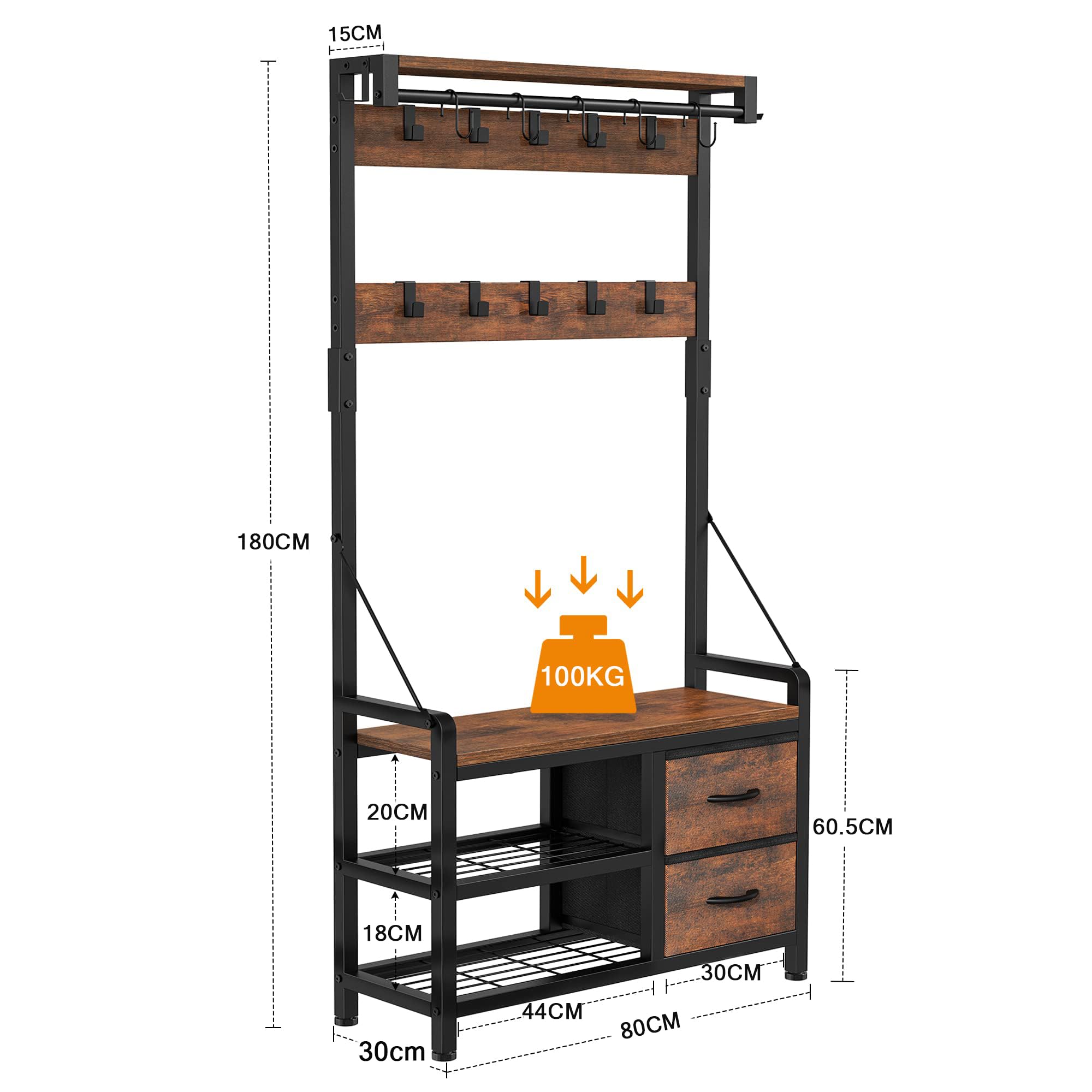 Garderobenständer, Flurgarderobe mit Schuhbank, Garderobe, Schuhaufbewahrung, 2 Schubladen, 17 Haken, Industrie-Design Garderobe mit Sitzbank für Flur, Wohnzimmer 30 x 80 x 180 cm