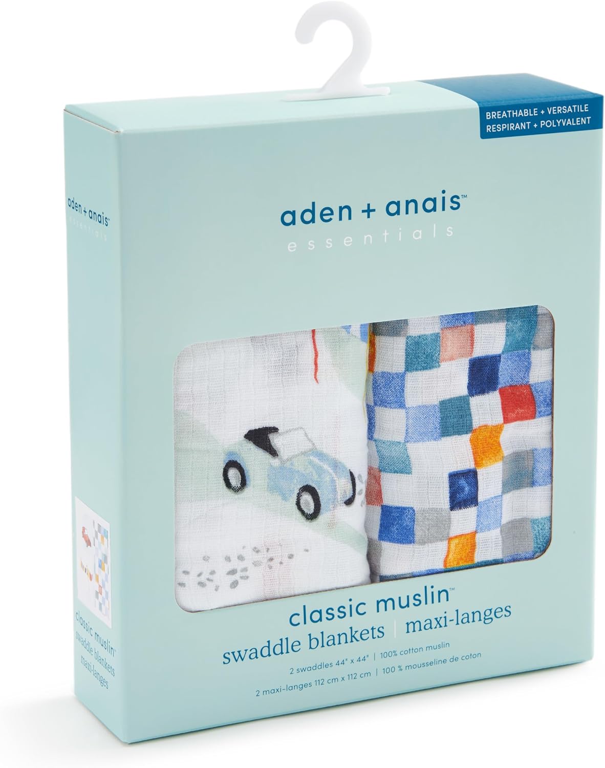 aden + anais Essentials Cotton Muslin Swaddles, Breathable Baby Blanket, Ideal for Boys, Girls, Newborns, Babies & Infants, Receiving Blanket, Soft and Lightweight Wrap, 2 Pack, Vintage Car Rally