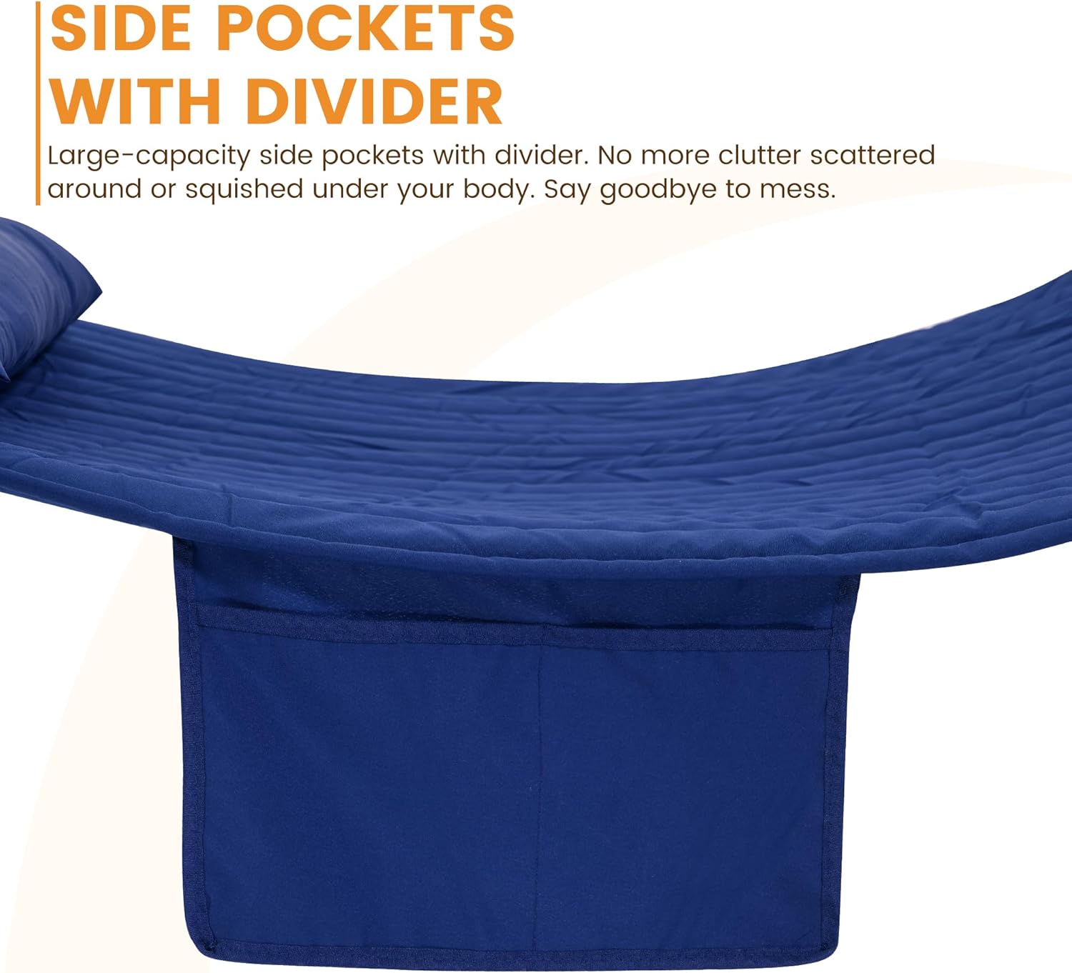 Lazy Daze Hammocks 2 Person Double Quilted Fabric Hammock with Spreader Bar, Detachable Pillow, Side Pocket, Carabiners, Chains, Straps for Outdoor, 450lbs Capacity, Navy Blue