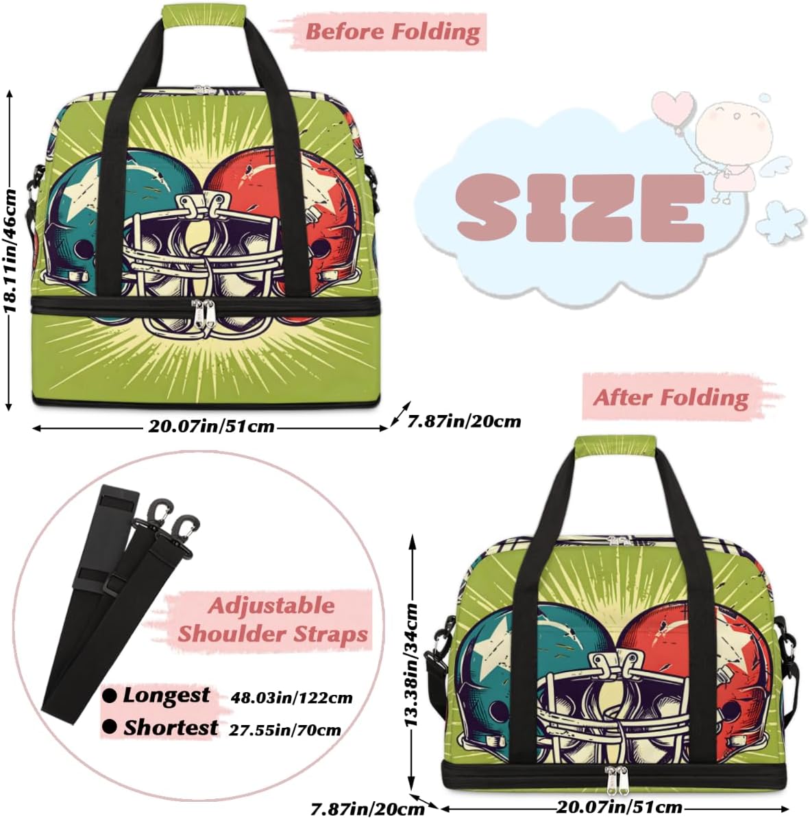 QsirBC Funny Sports Gym Bag for Women Duffle Tote with Shoes Compartment Men Weekender Duffel for Dance Travel Sports Swimming Overnight