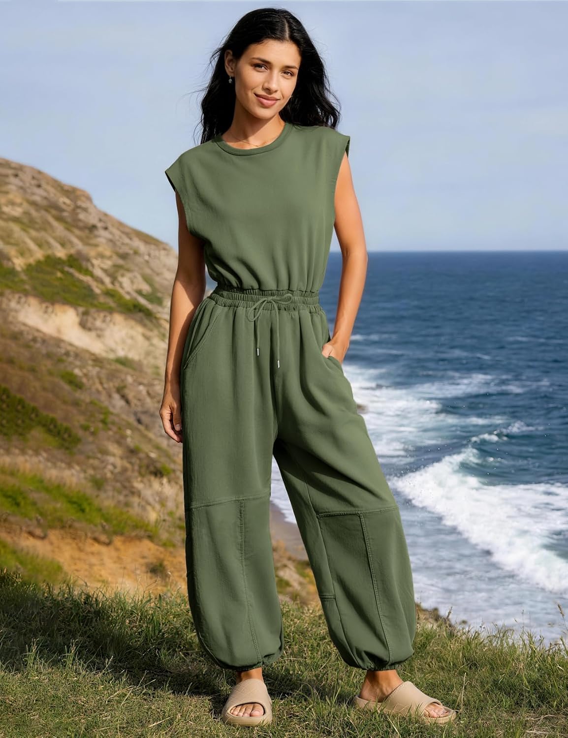 Flygo Womens Casual Jumpsuit Crewneck Cap Sleeve Long Wide Leg Pants One Piece Outfits Drawstring Romper with Pockets