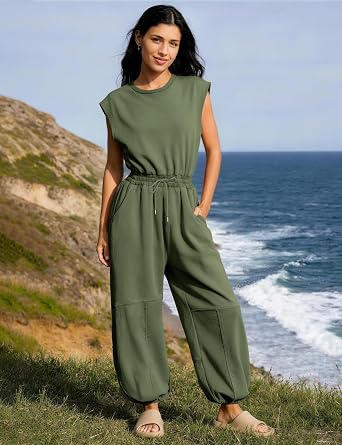 Flygo Womens Casual Jumpsuit Crewneck Cap Sleeve Long Wide Leg Pants One Piece Outfits Drawstring Romper with Pockets