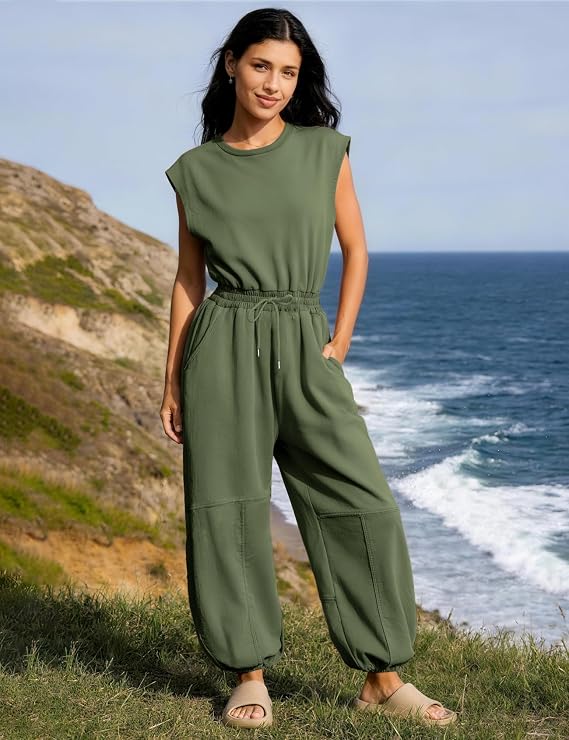 Flygo Womens Casual Jumpsuit Crewneck Cap Sleeve Long Wide Leg Pants One Piece Outfits Drawstring Romper with Pockets