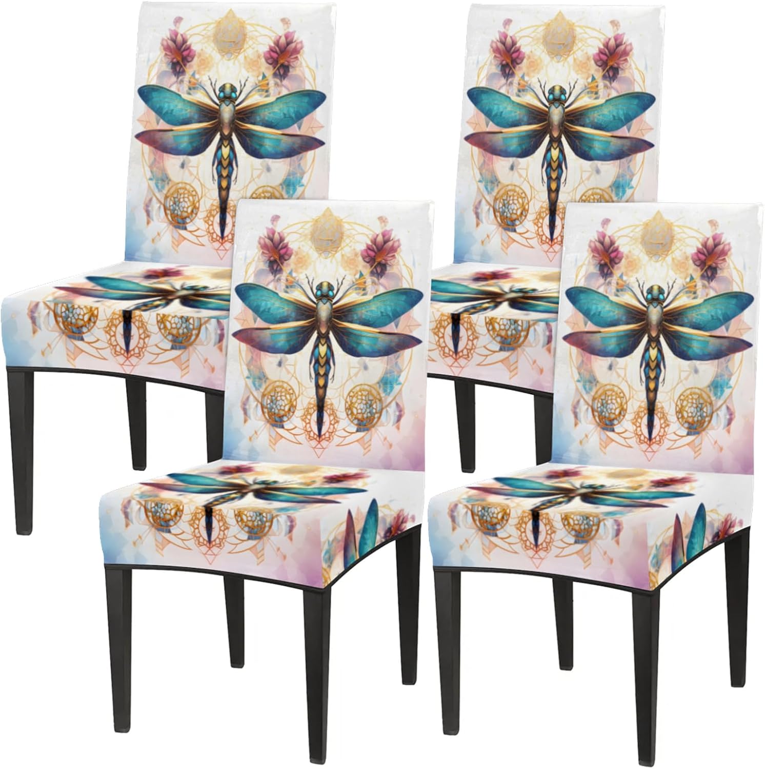 QsirBC Colorful Dragonfly Dreamcatcher Stretch Dining Room Chair Covers Set of 4 Chair Slipcovers Removable Washable Kitchen Seat Covers Chair Protectors for Hotel Party Wedding