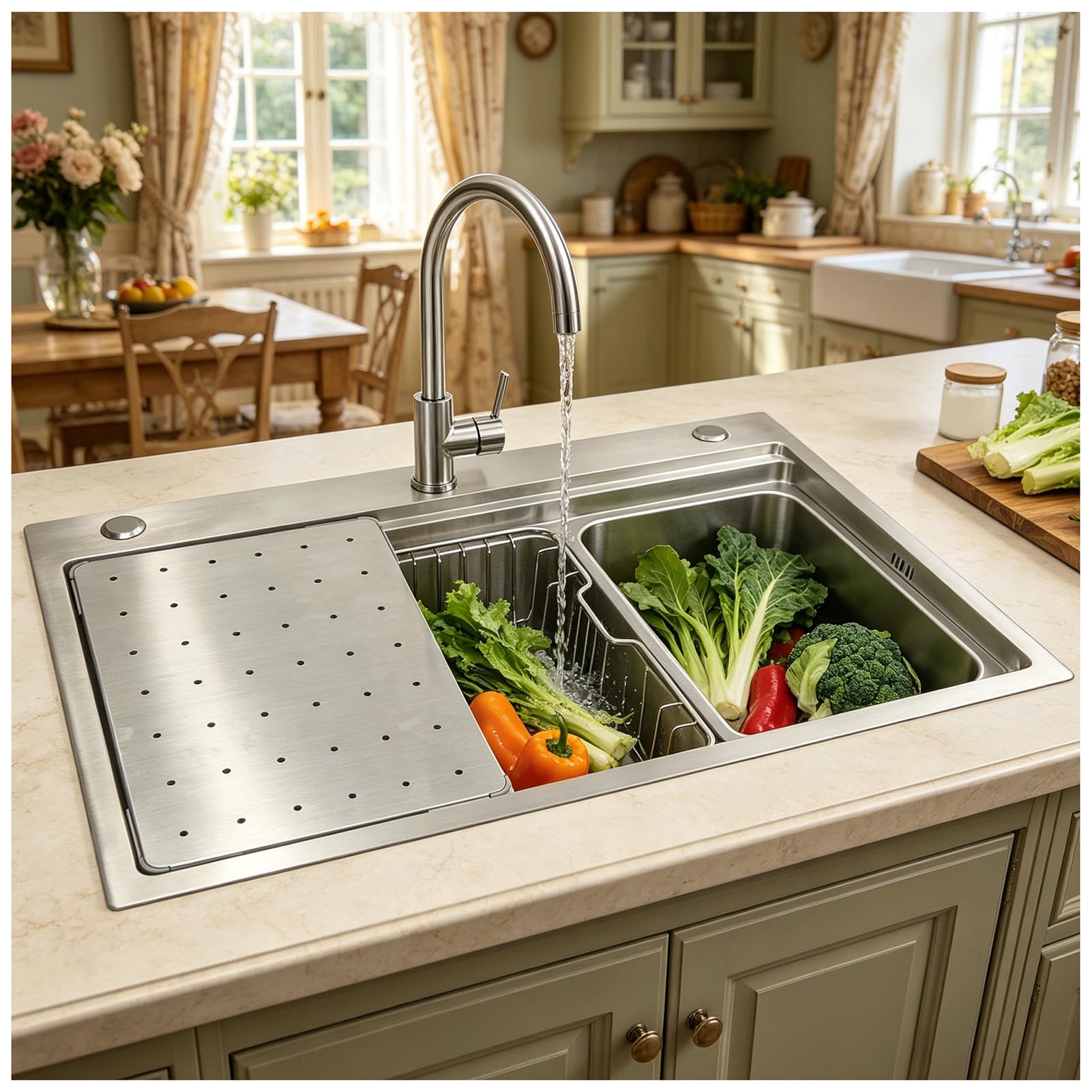 Fregadero Grande de Cocina 80x50cm, Acero Inoxidable 304 Cepillado, 1 Seno, con Tabla Cortar Inox, Escurridor, Rejilla y Kit Desagüe Completo, para Bajoencimera o Sobremesa