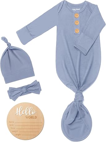 Soft Baby Knot Gown 0-3 Months, Newborn Announcement Sleepers With Mitten Cuffs and Personalized Wooden Name Tag