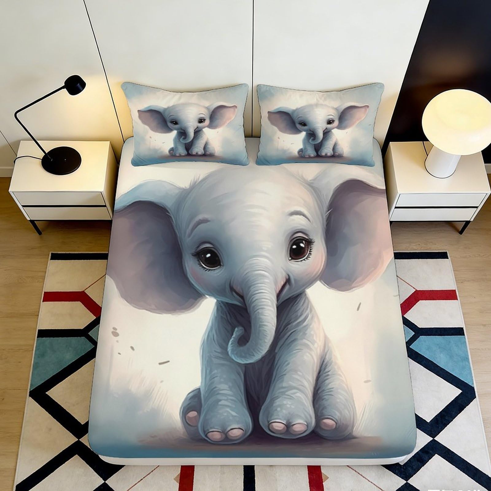 3D Printed Cute Baby Elephant Fitted Sheet Microfiber Anti-Slip Cartoon Bed Sheet for Bedroom Guest Room Decor 90x200x25cm