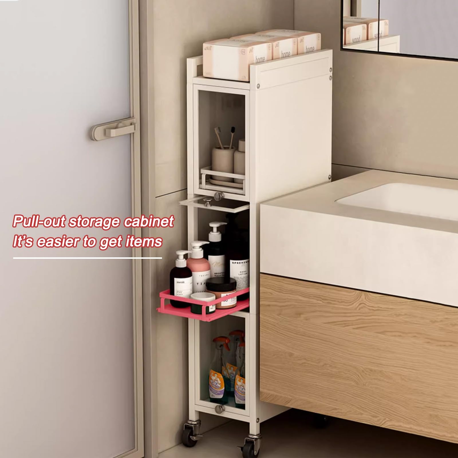 Armario de almacenamiento de baño de 4 niveles con ruedas, color blanco, estante de cocina y estante de cocina, estante de utilidad para el hogar, diseño moderno, solución de almacenamiento multiusos