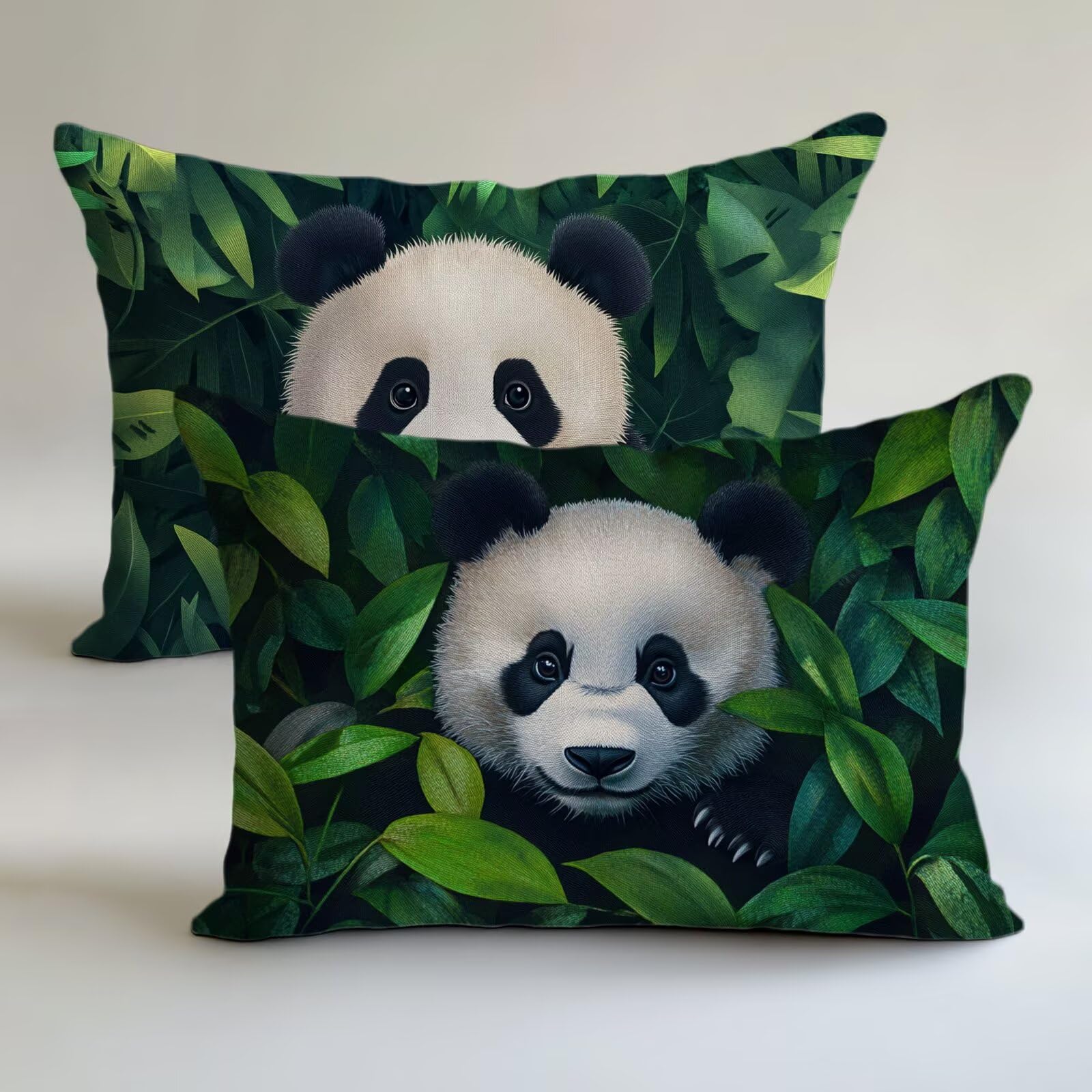 Housse coussin 40x80cm vert lin motif panda pour canapé et chambre | Lot de 2