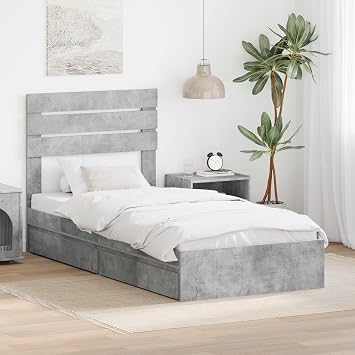 Storage Bed Concrete Grey Engineered Wood 90 x 190 cm Single Mattress Frame with Headboard and Built-in Drawers for Bedroom Storage and Modern Space Efficiency