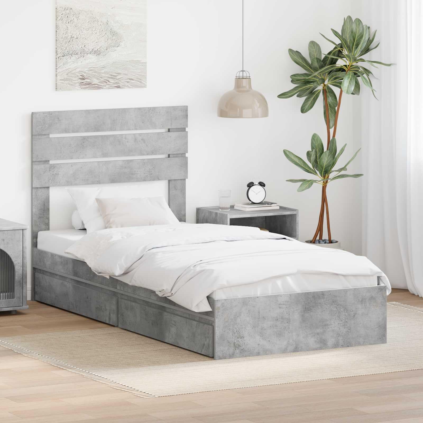 vidaXL Storage Bed Concrete Grey 90 x 200 cm Engineered Wood, Modern Bed Frame, Water-Resistant Finish, Ample Storage, Versatile, Urban Living Furniture, Customizable Design