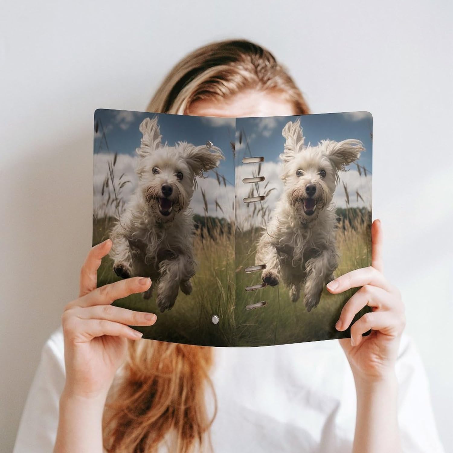 White Dog in The Field Notebook, A5 PU Leather Loose Leaf Notebook with 90 Sheets - Refillable Binder for Writing, Note Taking, Journaling