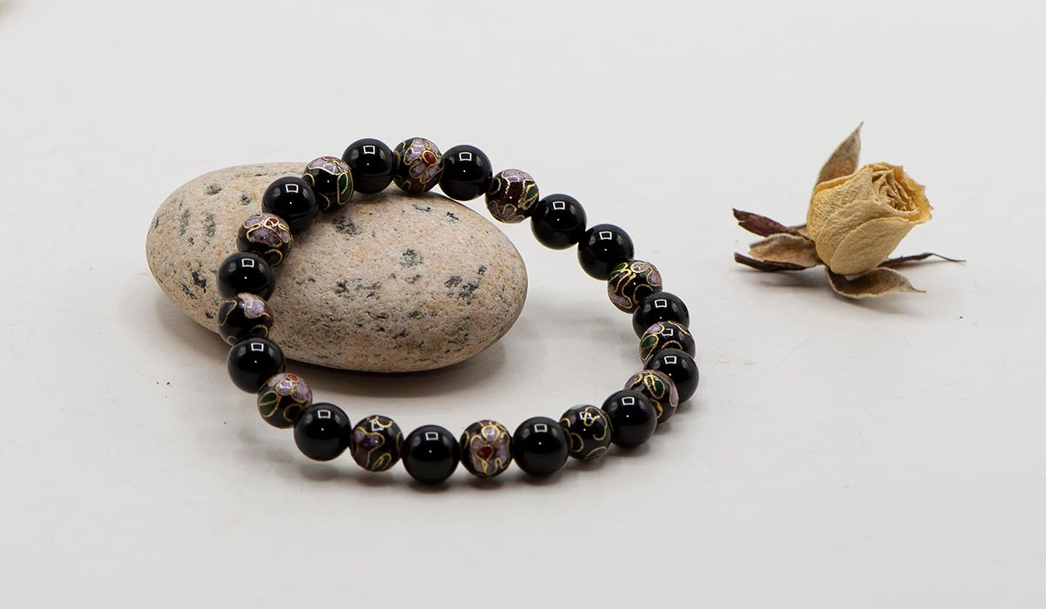 LTC Designs Black Onyx and Black Cloisonné Bead Stretch Bracelet, 7.5" for women