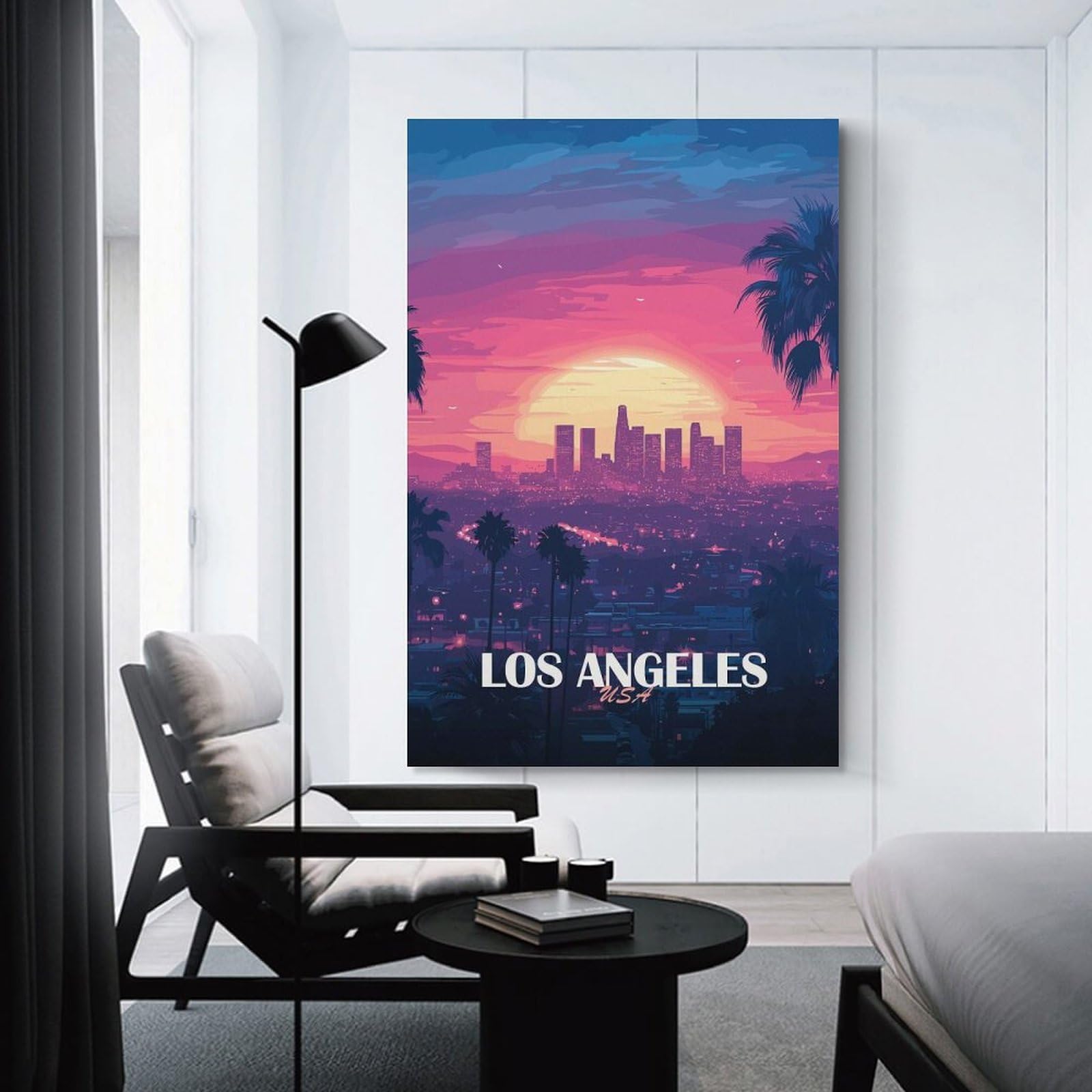Junmoney Canvas Art Print Los Angeles Sunset Skyline Illustration, 20x30inch(50x75cm), for Calm Bedrooms, Home Corners Or Flats, A Warm Accent for Relaxed Interiors