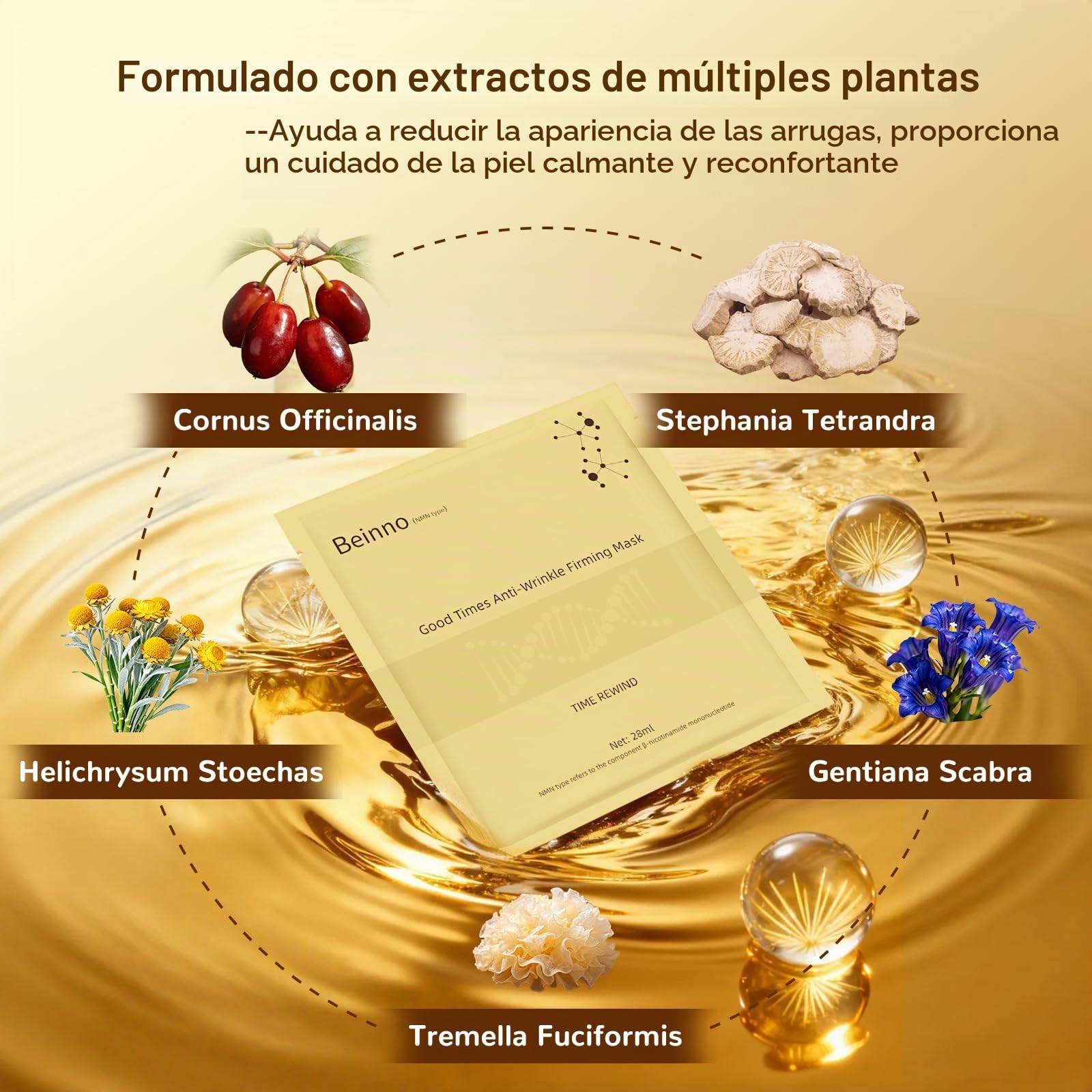Mascarillas Faciales Reafirmantes y Luminosas Beinno - Mascarilla Facial que Ayuda a Reducir la Apariencia de Arrugas, Promover un Cutis Radiante, Mejorar la Apariencia de la Elasticidad, Paquete de 5