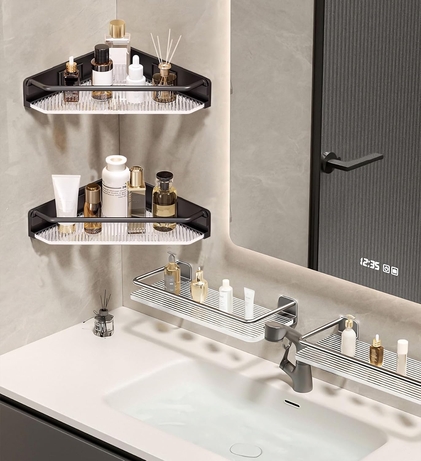 Corner Shower Caddy, 2 Pack Adhesive Bathroom Shelves?Acrylic Shower Shelf Rack, No Drilling Bathroom Organizers and Storage Racks,Black