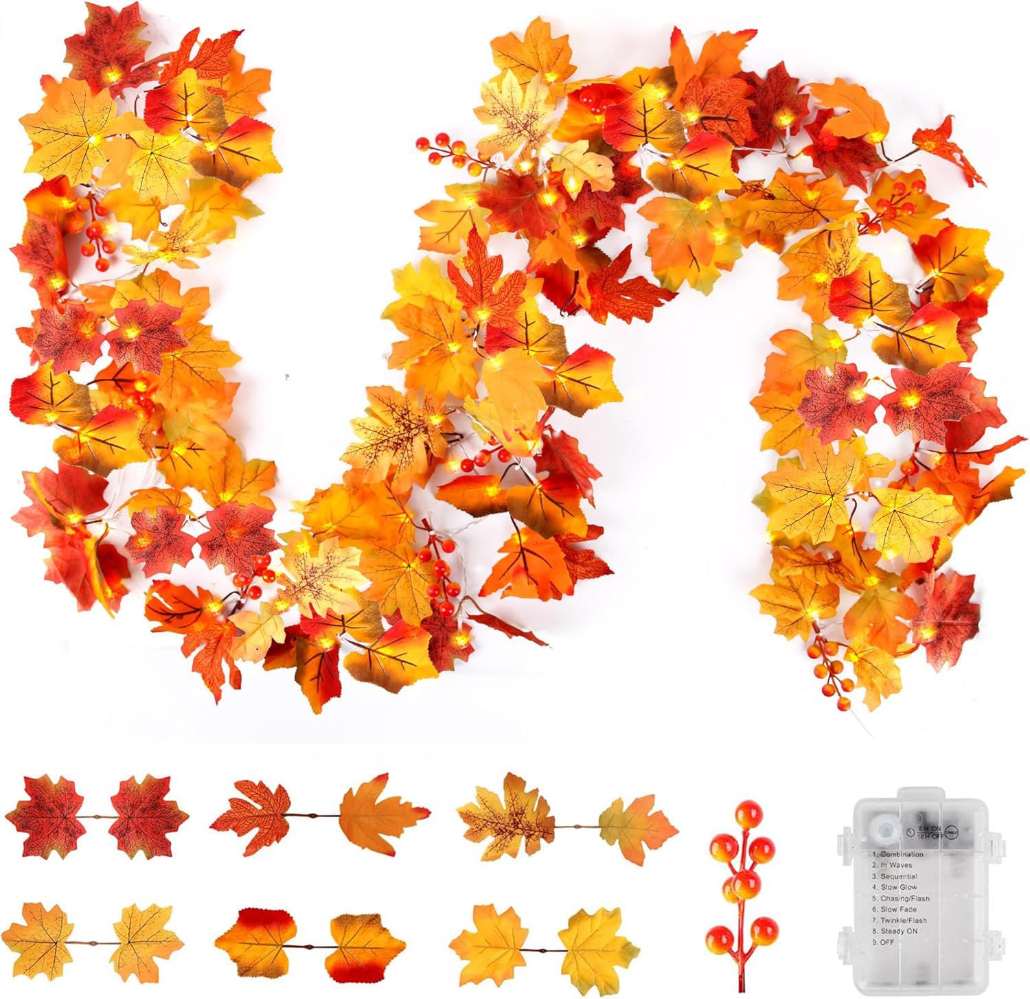 50 LED Fall Garland String Lights With Timer & Remote - 16.4ft, Battery Operated, Waterproof, Autumn Leaves
