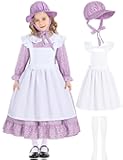 Cabeny Girls Pioneer Costume Kids Colonial Prairie Outfit Martha Cosplay Floral Maid Dress with Pilgrim Bonnet Apron Socks