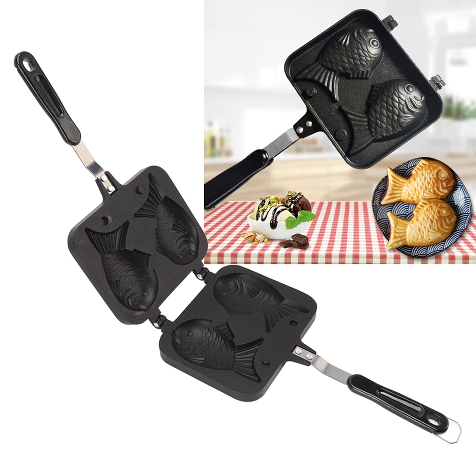 Taiyaki Poêle à Gaufres Moule Taiyaki Double Face Antiadhésive Moule à Dessert en Aluminium pour Gâteaux Poisson Gaufres et Pancakes Camping Restaurant