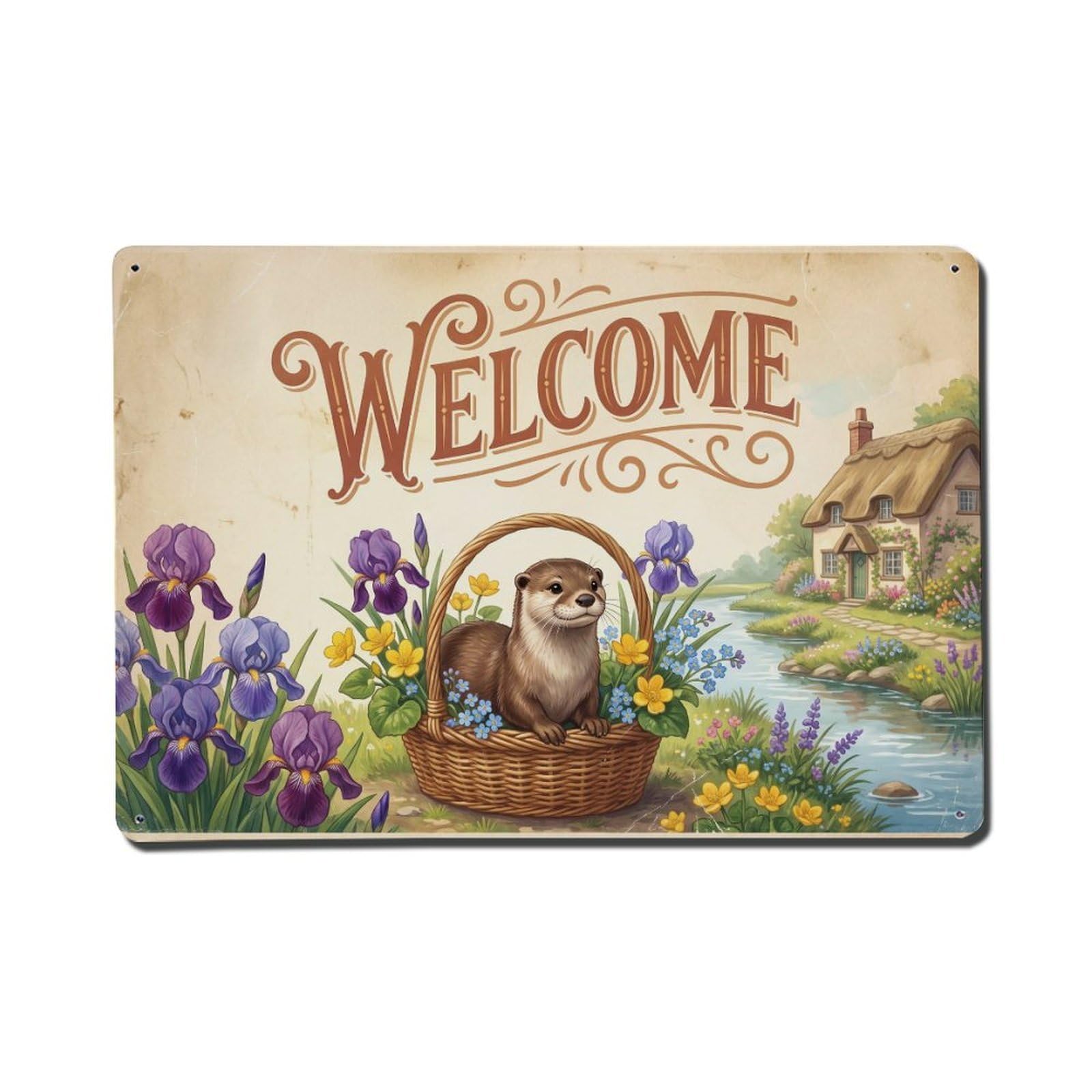 Vintage Welcome Otter Cottage Life Metal Tin Sign