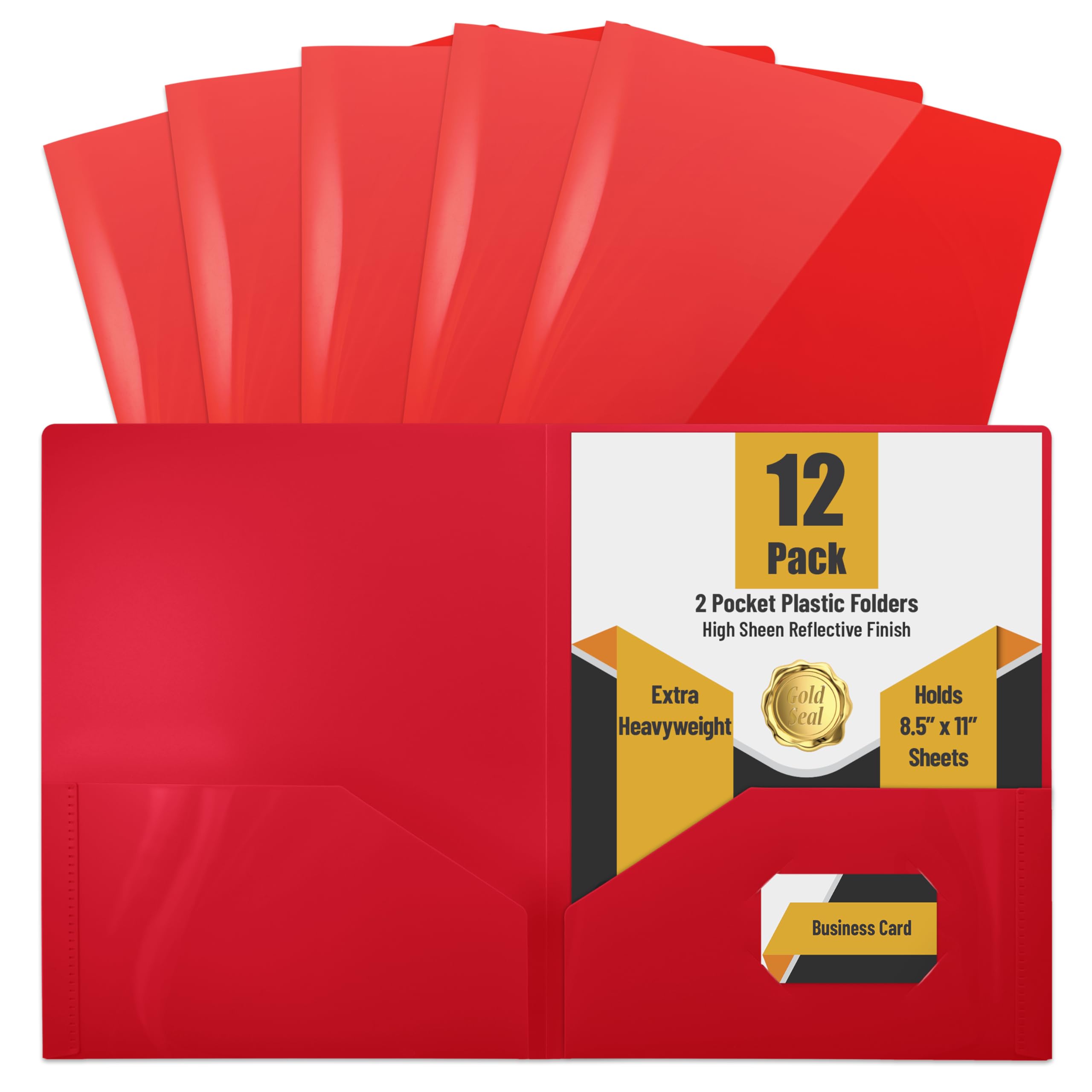 GOLD SEAL Extra Heavyweight Red Poly Plastic 2 Pocket Portfolio Folders, Premium Letter Size, High Sheen Reflective Finish, 12 Pack
